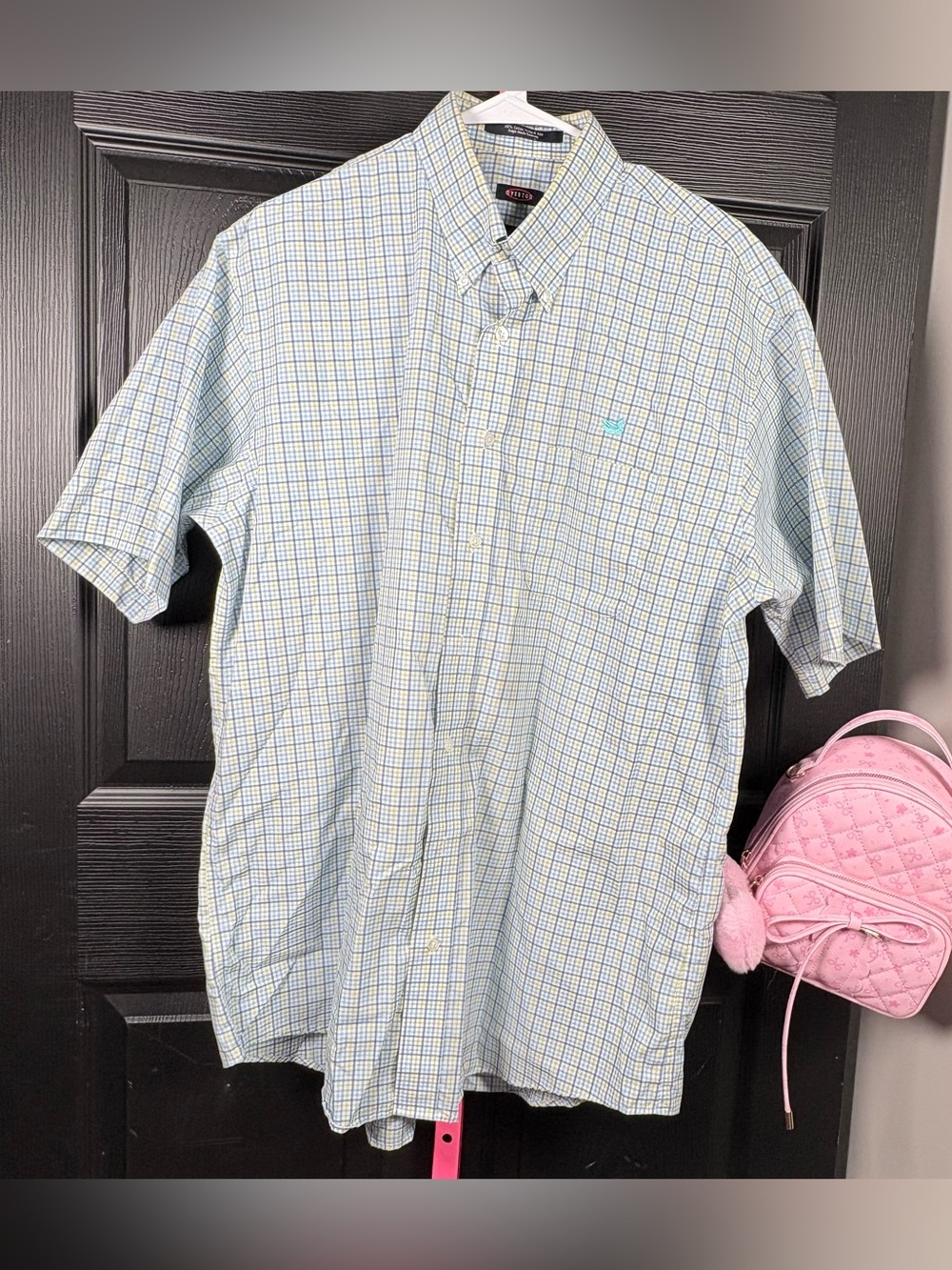 Izod Men's Blue and White Plaid Short Sleeve Button-Down Shirt